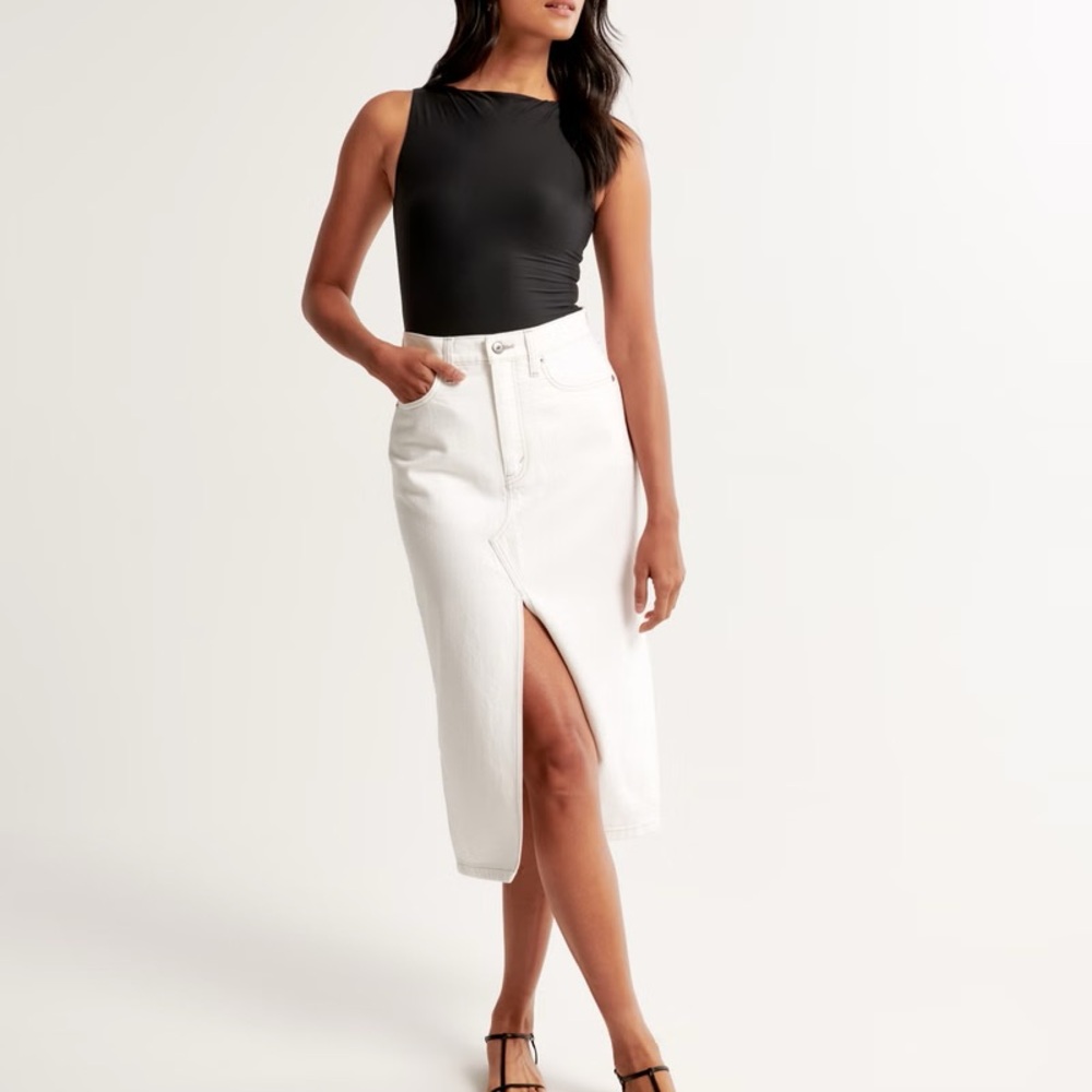 Abercrombie & Fitch Cream Midi Denim Skirt with Slit